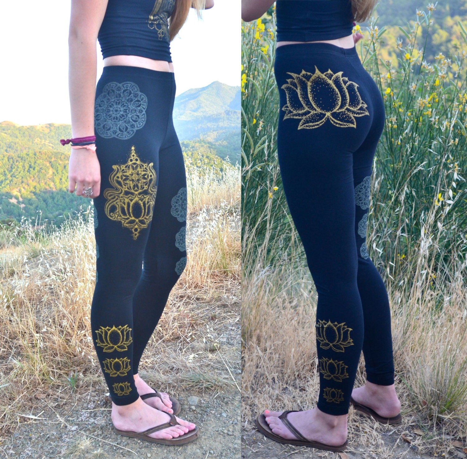 Gold Lotus Flower and Glow in the Dark Mandala Leggings Yoga