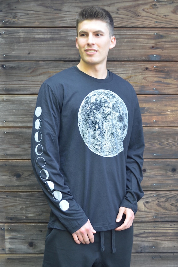 Silver Full Moon and Moon Phase Long Sleeve Shirt Sacred Geometry