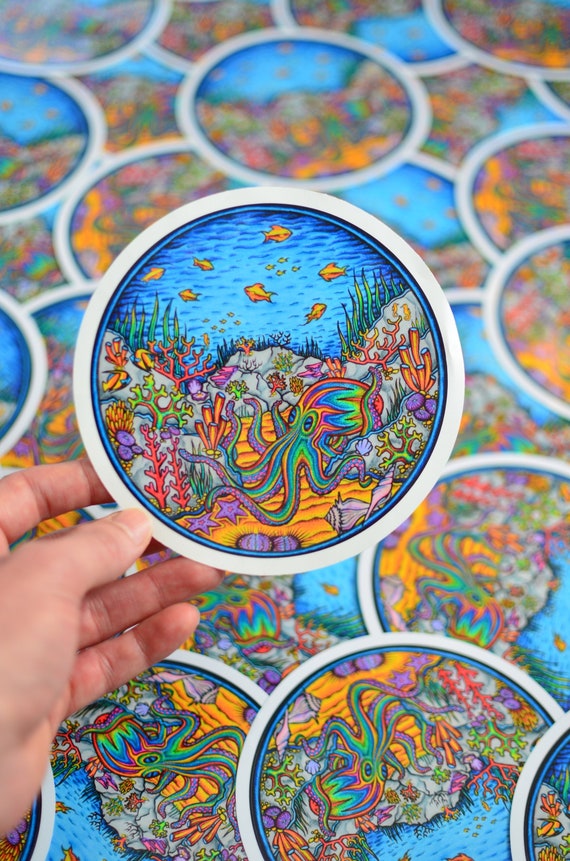 Hand Drawn Psychedelic Octopus Sticker - Coral Reef Sea Life (5x5)