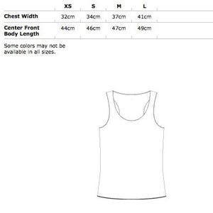 May include: A white outline of a vest top. Above the vest top is a size chart with chest width and center front body length measurements in centimetres for sizes XS, S, M, and L. Text states, "Some colours may not be available in all sizes."