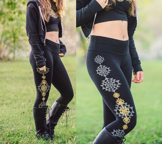 Glow in the Dark and Gold Sri Yantra Fitness Leggings Sacred Geometry  Women's Yoga Leggings Black Leggings Glow in the Dark Leggings 