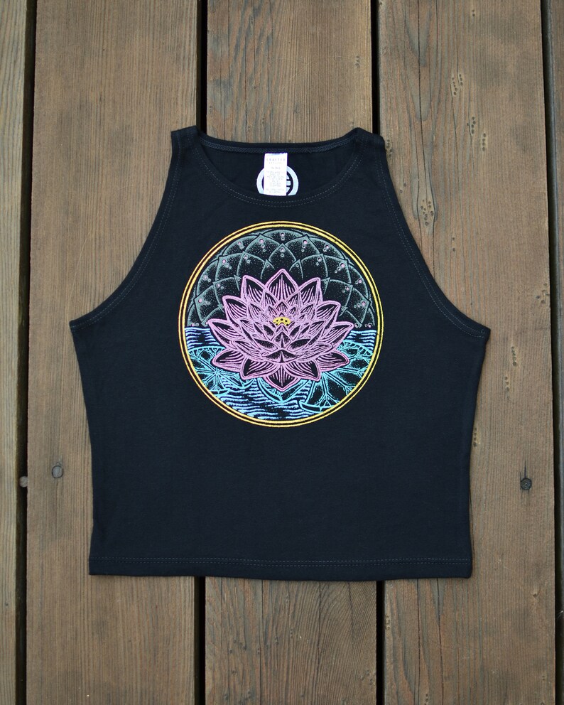Handmade Screen Printed Lotus Flower Yoga Crop Top – Metallic Glow In The Dark Ink image 4