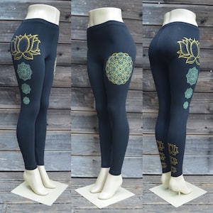 Gold Lotus Flower Leggings - Glow in the Dark and Gold Leggings - Black Yoga Leggings - Sacred Geometry Leggings - Lotus Flower Leggings