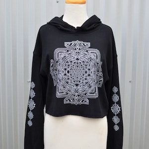 Silver Sri Yantra Cropped Pullover Hoodie - Black Cropped Hoodie - Sri Yantra Sweater - Womens Sacred Geometry Hoodie - Crop Festival Hoodie