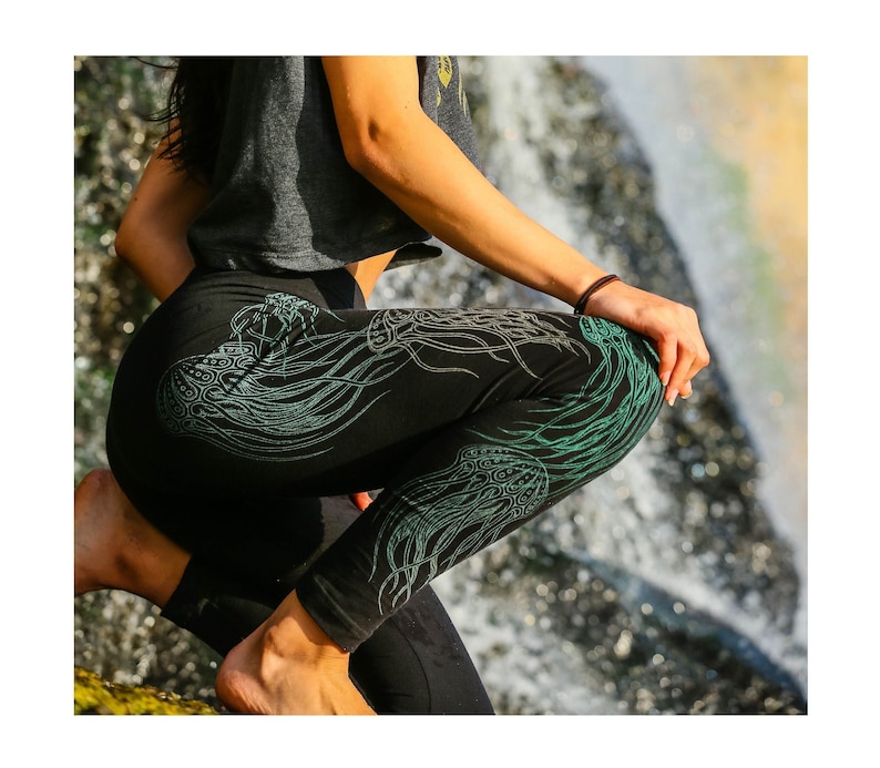 Glow in the Dark Jellyfish Full Leg Leggings Yoga Leggings Women's Black Leggings Women's Festival Leggings Jellyfish Yoga Pants image 1