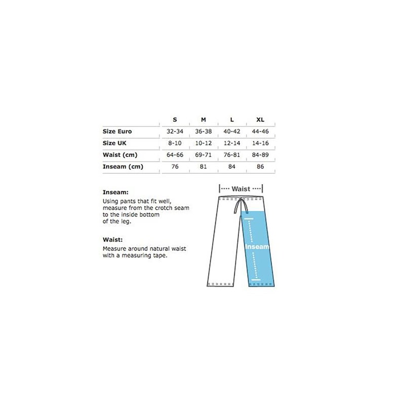 May include: A white diagram with size charts for pants, including Euro, UK, waist, and inseam measurements. The diagram also includes instructions on how to measure the waist and inseam.