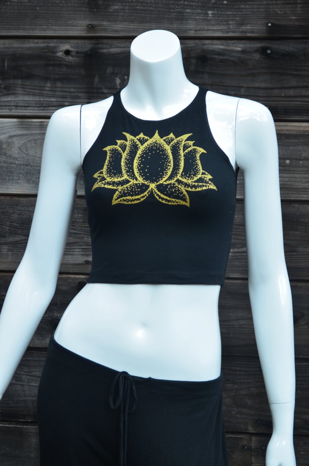 Glow in the Dark and Gold Lotus Flower Black Fitted Crop Top - Women's Yoga Top - Festival Clothing