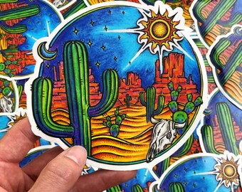 Adesivo con cactus del deserto disegnato a mano – Natura psichedelica, adesivo per laptop (5x5")