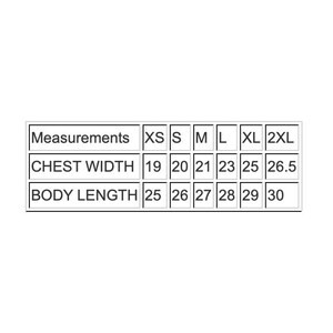May include: Size chart showing chest width and body length measurements in inches for sizes XS, S, M, L, XL, and 2XL.