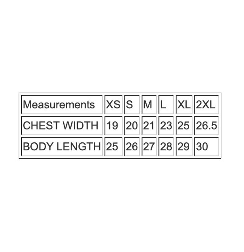 May include: Size chart showing chest width and body length measurements in inches for sizes XS, S, M, L, XL, and 2XL.