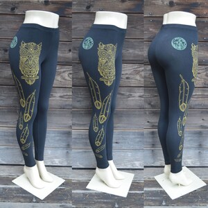 Gold Owl and Feather Leggings - Women&#39;s Leggings - Yoga Leggings - Women&#39;s Yoga Pants - Black Leggings - Printed Leggings