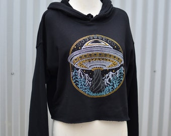 Glow in the Dark Alien UFO Cropped Pullover Hoodie - Women's Flying Saucer Hoodie - Black UFO Cropped Hoodie - Festival Pullover Hoodie