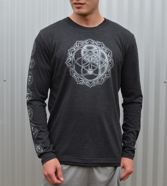 Seed of Life Yin Yang and Chakra Long Sleeve Shirt - Men's Long Sleeve T-Shirt - Silver Sacred Geometry Long Sleeve - Men's Festival T-Shirt