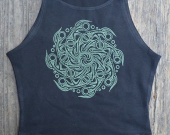 Black Fitted Crop Top - Glow in the Dark Swirl Mandala and Gold Lotus Flower Design - Yoga Crop Top - Women's Sacred Geometry Clothing