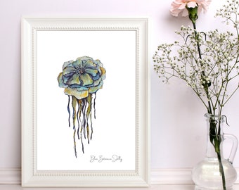 Original watercolour print- Blue botanical jelly fish