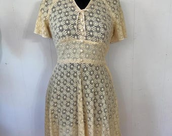 1970s spiderweb lace butter yellow mini dress