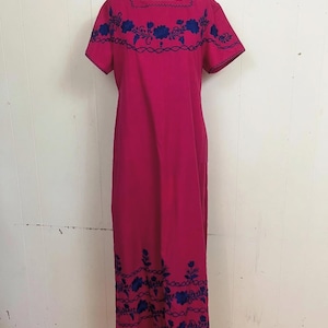 1960s Hupil hand embroidered bright pink Mexican maxi dress