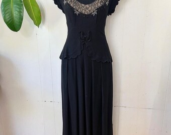 1940s bow beaded scalloped peplum lacy dress M