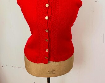 1960s L/XL knallrote Wollweste Weste handgestrickt