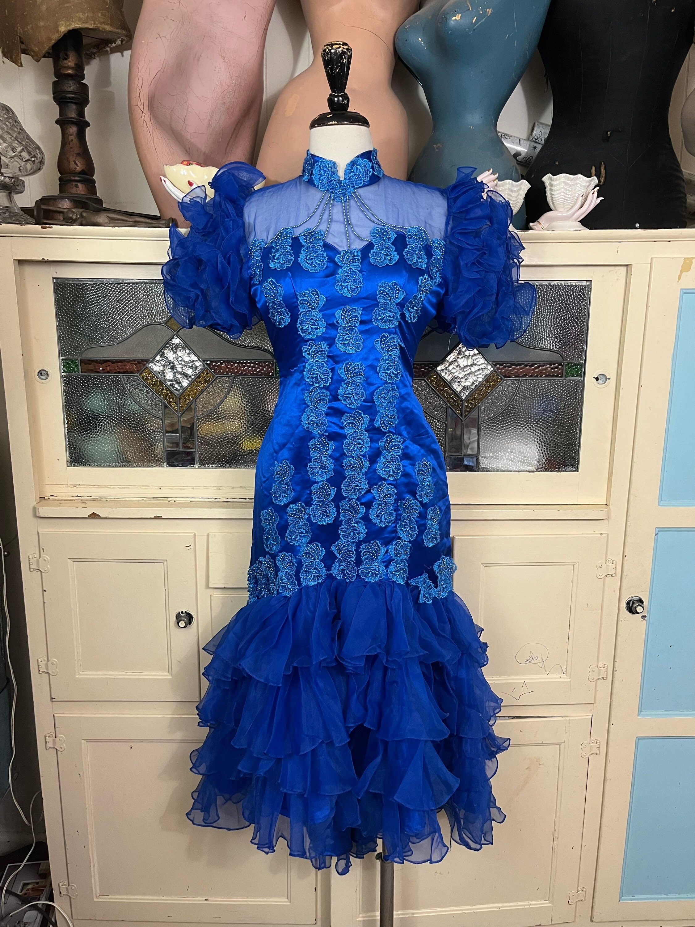 80s mermaid dress Electric Blue 80s Mermaid Dress: Ruffle Sleeves, Beaded Lace