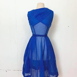 1950s xs/xxs cobalt cross over fit and flare dress with  Swiss dot flocked print