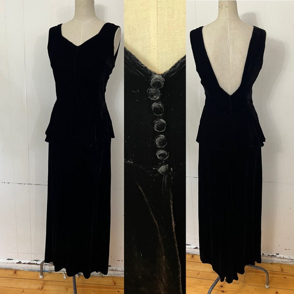 1930s ART DECO plunge back silkvelvet dress M 28 29” waist