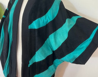 1980s turquoise and black striped suede cocoon coat