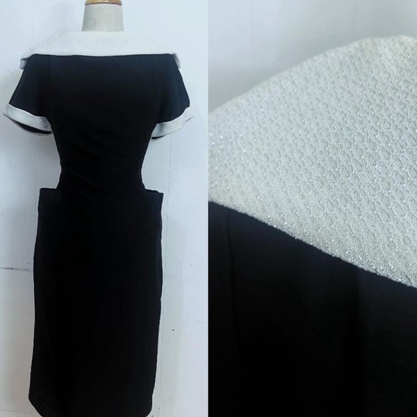 1950s silver black wiggle dress with pockets