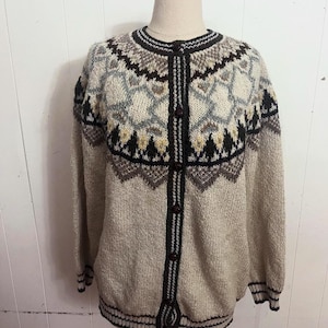 Può includere: Un cardigan color crema con un motivo geometrico marrone, nero e grigio. Il cardigan ha una chiusura con bottoni e maniche lunghe.