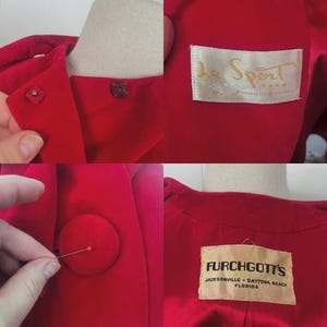 May include: Close-up of a vintage red jacket with a collar and buttons. The jacket has a label that says "La Sport" and "Made in the United States of America". Another label reads "Furchgott's Jacksonville - Daytona Beach Florida".