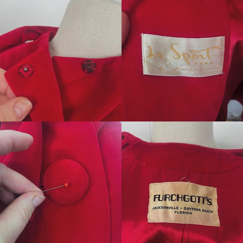 May include: Close-up of a vintage red jacket with a collar and buttons. The jacket has a label that says "La Sport" and "Made in the United States of America". Another label reads "Furchgott's Jacksonville - Daytona Beach Florida".
