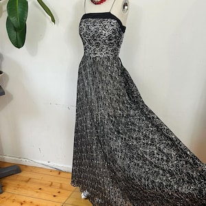 1930s XS/S gold & black lace long evening gown dress spaghetti straps