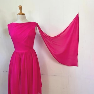 1950s Schiaparelli pink, silk chiffon shoulder drape dress