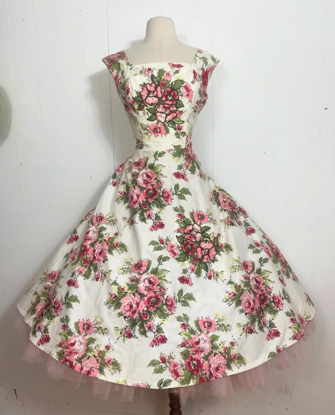 1950s FLARE of MIAMI ROSES Print, Rhinestone Studded, Fit & Flare Dress ...