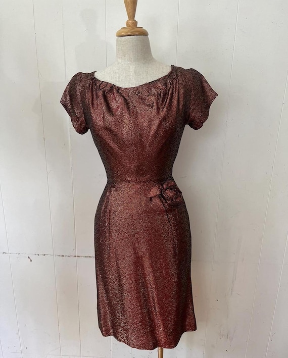 1950s ruby gold lurex cocktail frock