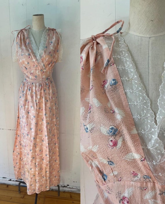 1940s rose print slip gown cotton seersucker - image 1