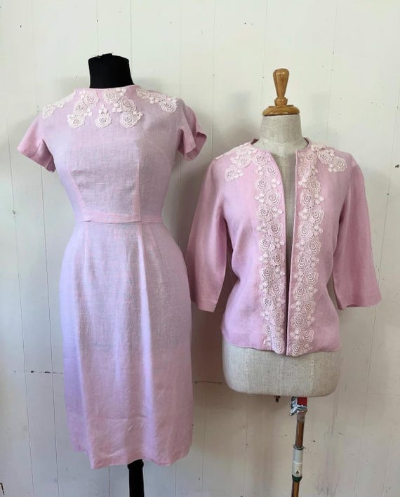 1960s MOYGASHEL Pink Linen Dress Suit MCM Mod New Zealand