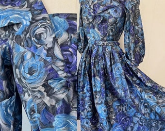 1960s blue rose print shawl collar dress