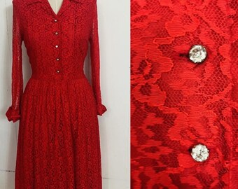 1960s red hot red lace dress with rhinestone buttons