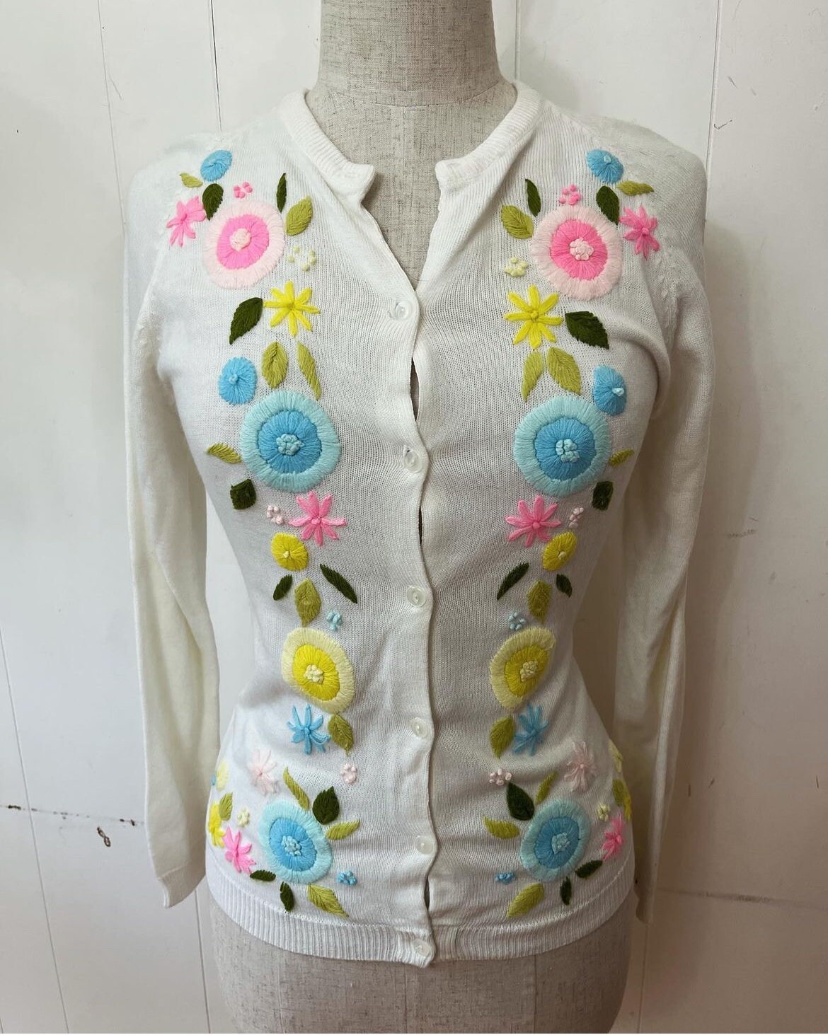 1960s Vintage Fluorescent Hand Embroidered Cardigan Acrylic Orlon