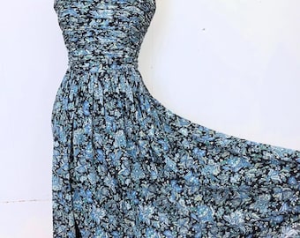 1980s Laura Ashley blue floral muslin rushed dress