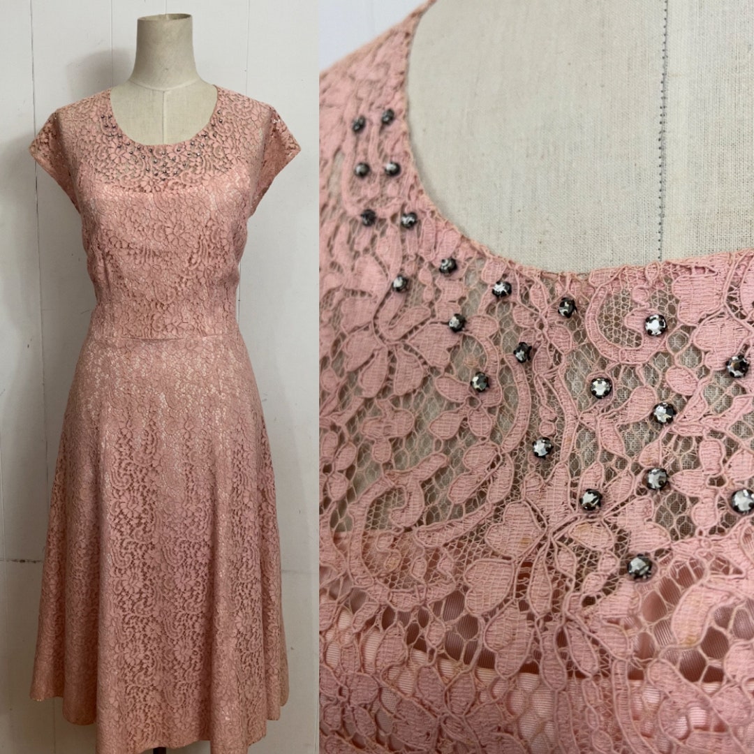 Medium 1940s Pink Lace Party Dress