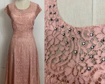 1940s rhinestone studded pink lace dress
