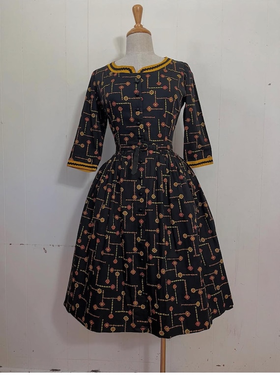 1960s Geometric Orange and Black Flowers on Black Fit and Flare Dress Mad  Men Style - Etsy Israel