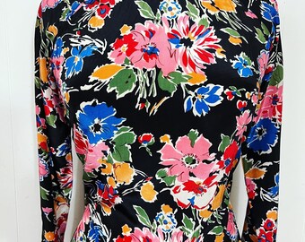 1950s cold rayon bright floral print on black Qipao / Áo Dài