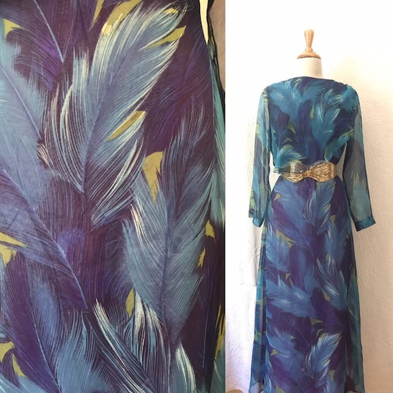 1970s huge feather print chiffon maxi dress