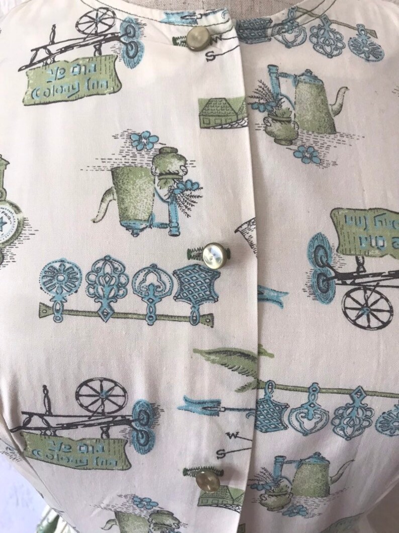 1960s novelty print coffee balloons wind vane barometer advertising sign shirt waist dress