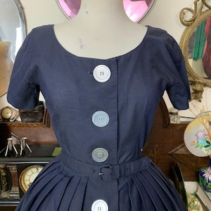 1950s L’Aiglon blue dress with huge buttons true vintage
