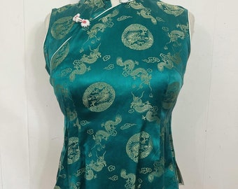 1950s silk satin Qipao / cheongsam blouse dragon motif true vintage