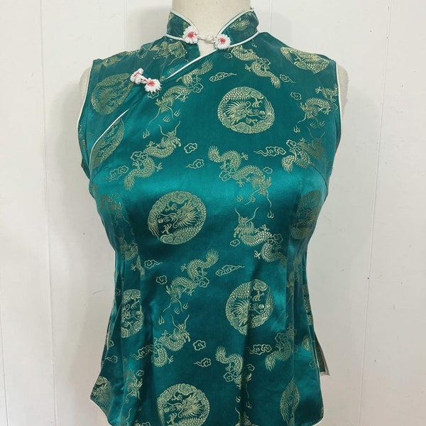 1950s silk satin Qipao / cheongsam blouse dragon motif true vintage